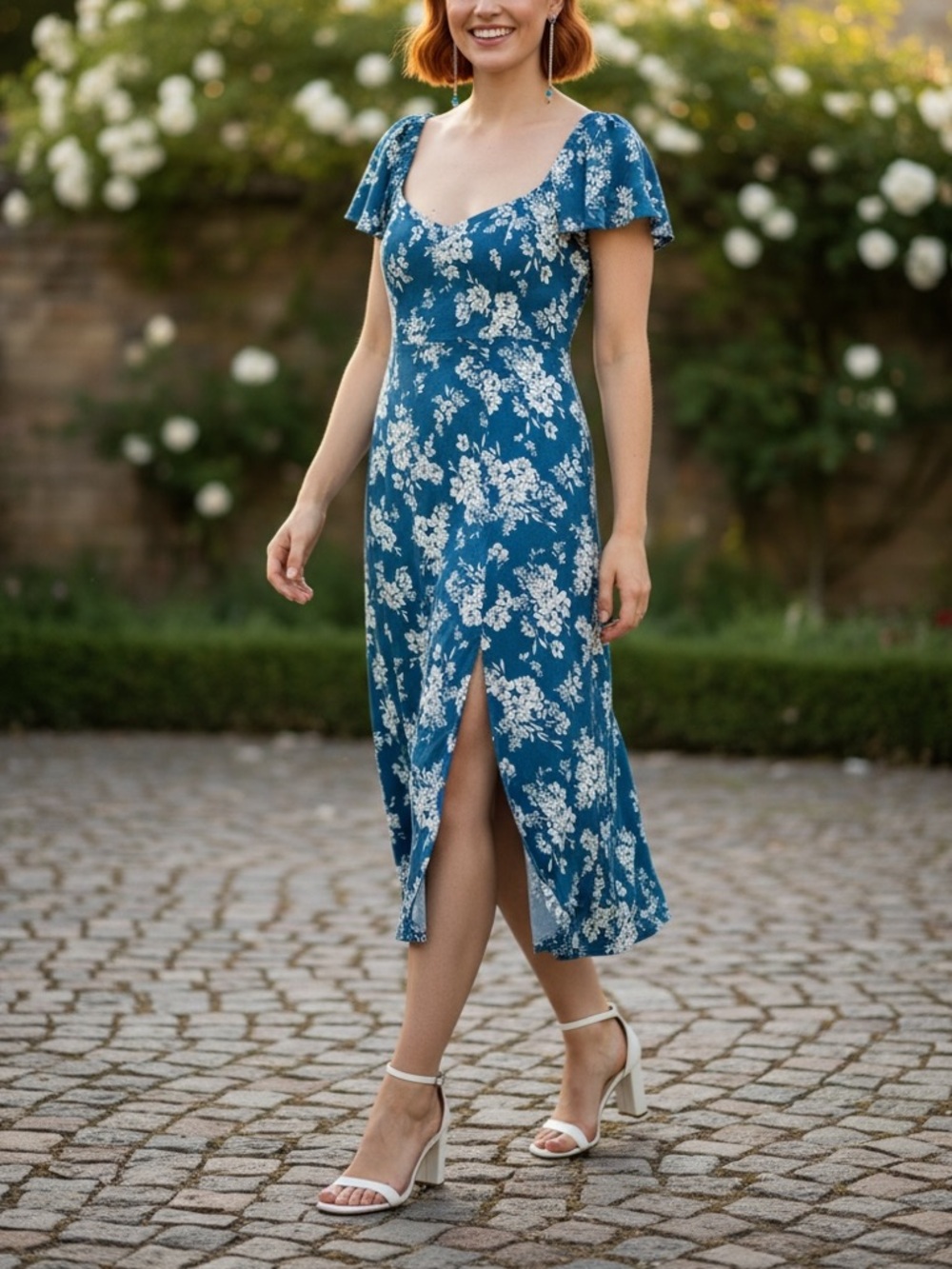 Old Navy Blue Floral Midi Dress with Flutter Sleeves Size M